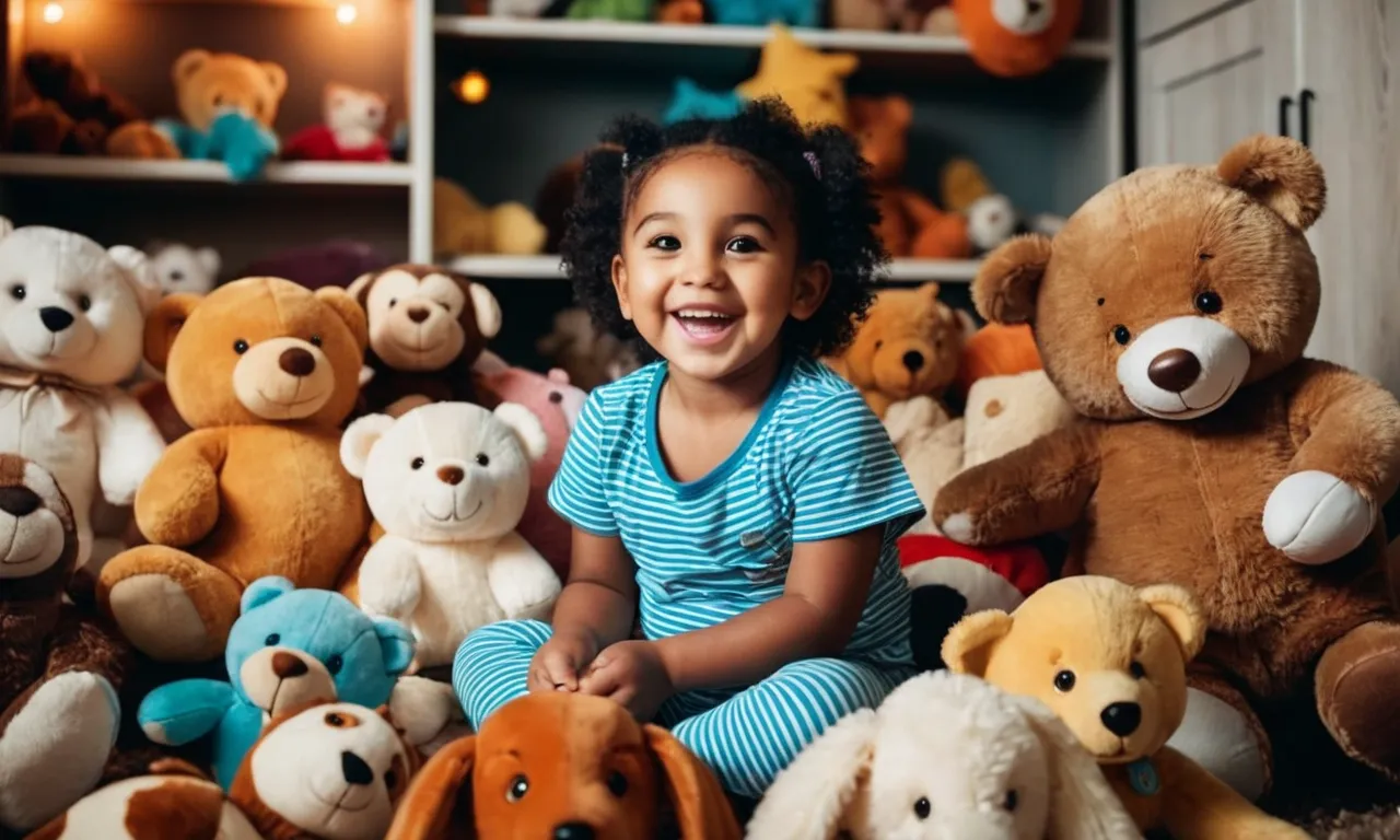A captivating photo of a child joyfully surrounded by a variety of stuffed animals, their face beaming with happiness as they engage in imaginative play, creating a magical world of adventures.