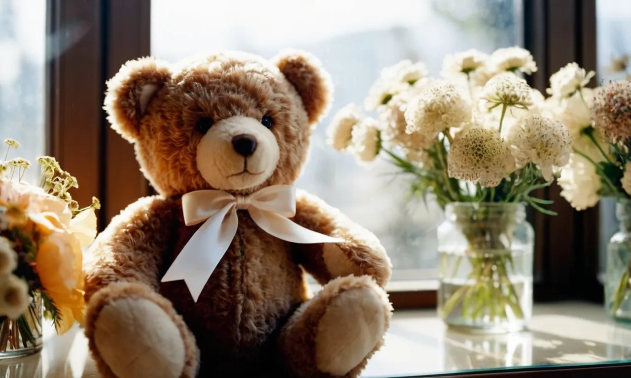 A close-up photo of a soft, well-loved teddy bear gently placed in a glass display case, surrounded by delicate dried flowers and bathed in soft sunlight.