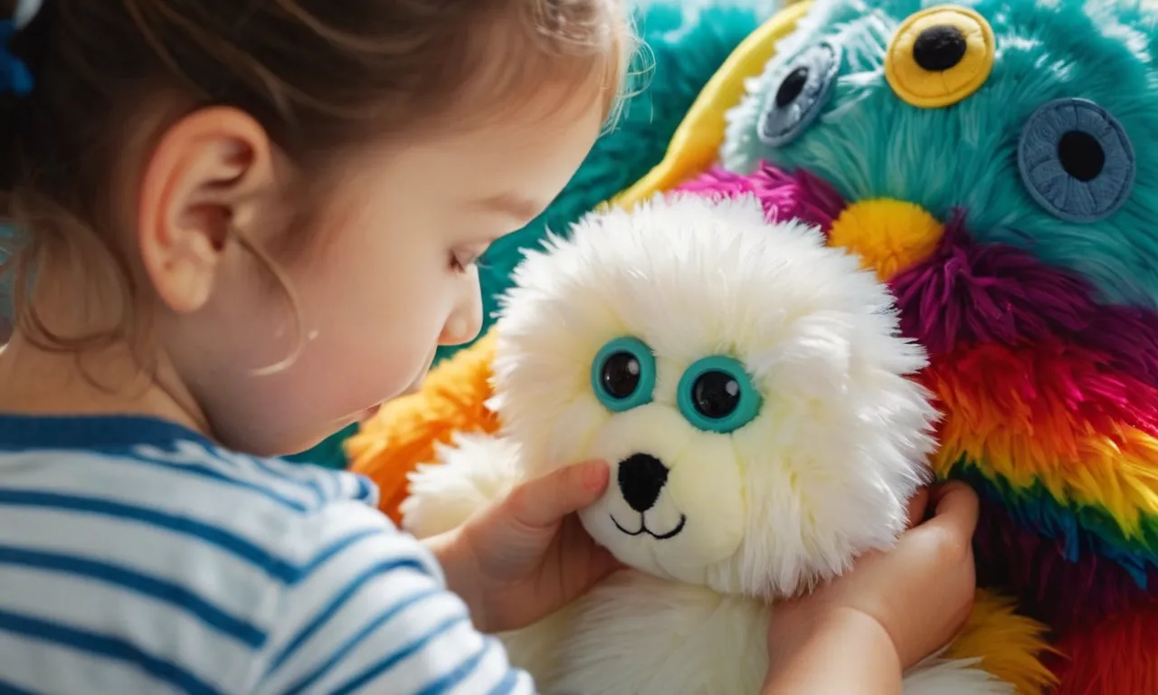 A close-up shot capturing skilled hands delicately attaching vibrant safety eyes onto a fluffy stuffed animal, ensuring both cuteness and child safety.
