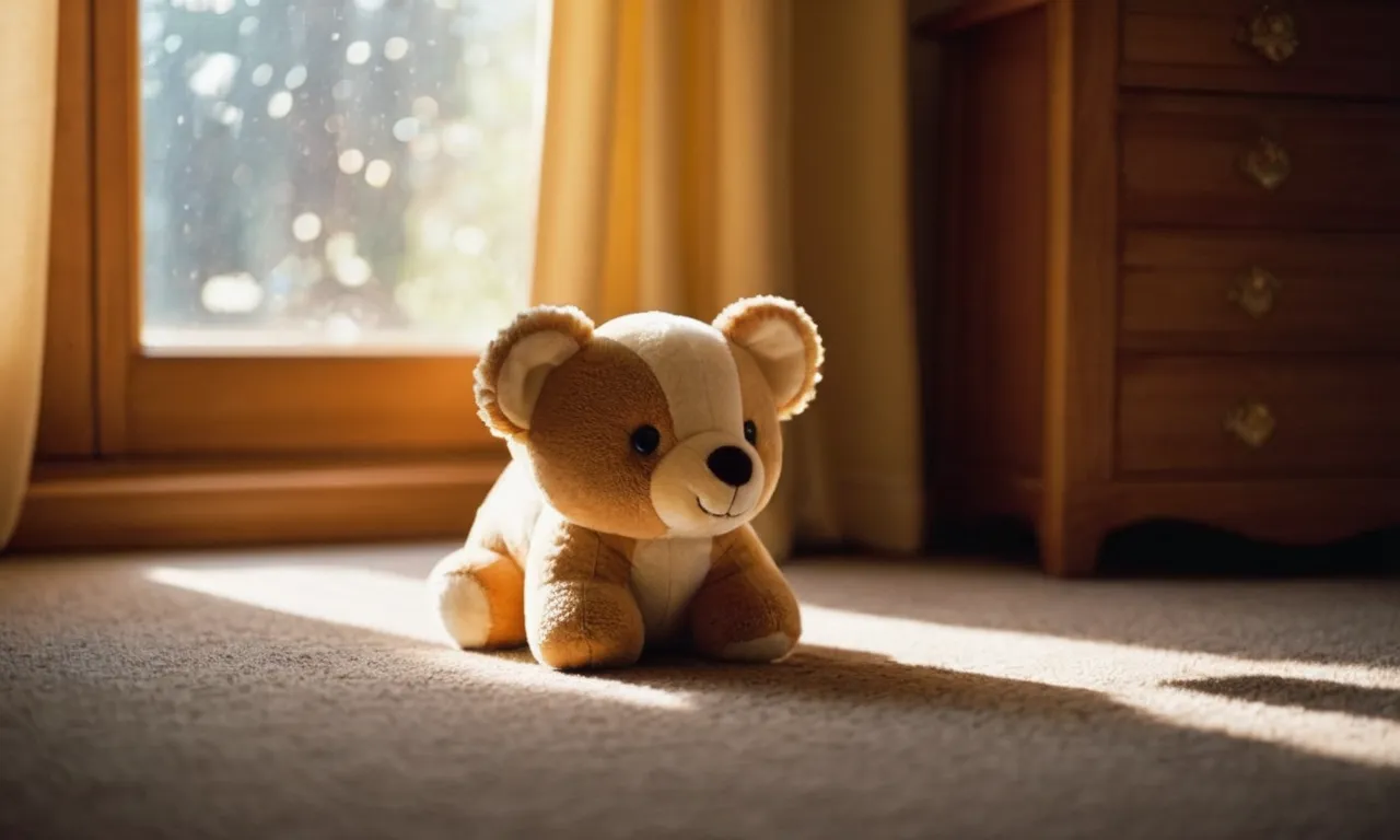 A close-up photograph captures a soft, cuddly stuffed animal with sunlight streaming through the window, illuminating tiny specks of dust floating in the air around it.