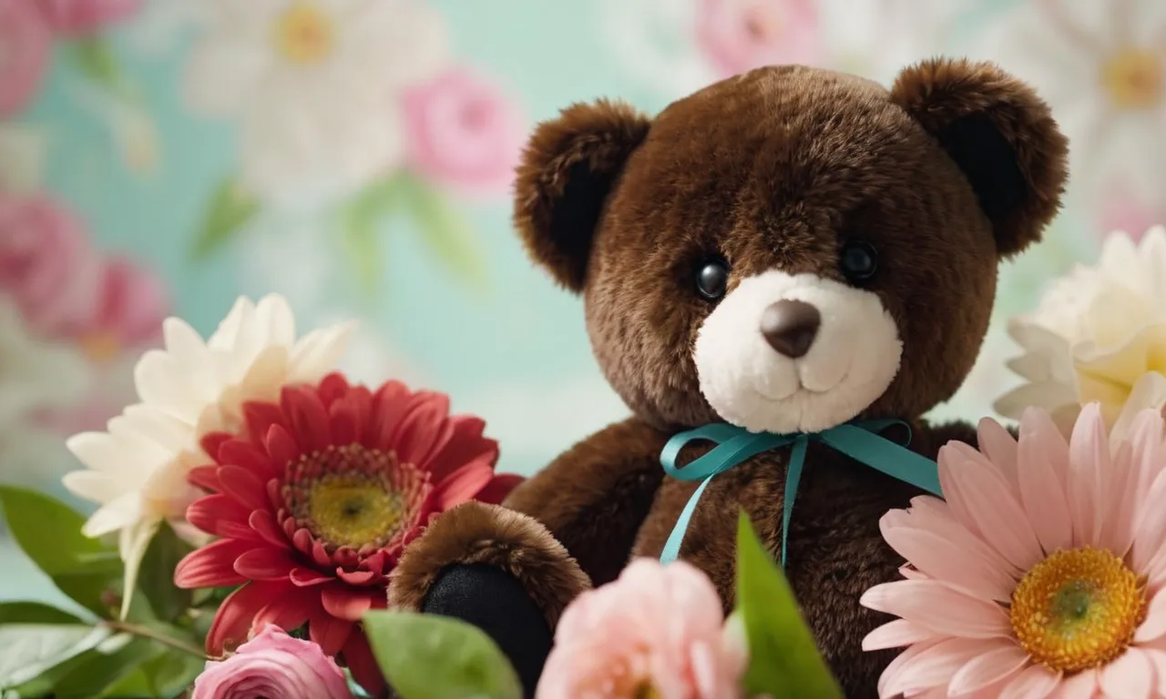 A close-up photo capturing a stuffed animal being gently sprayed with a fabric freshener, surrounded by fresh flowers and a soft, pastel background.