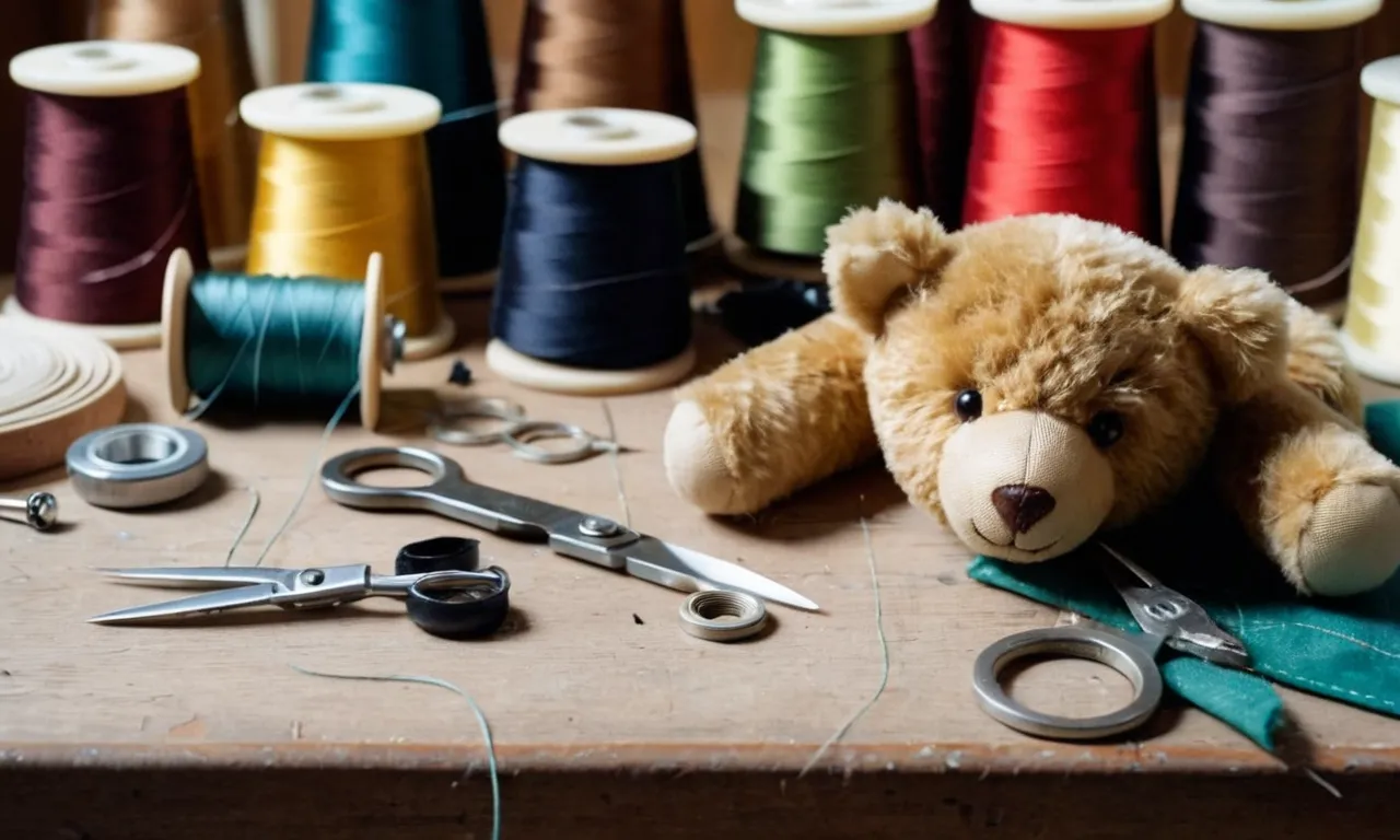 A close-up photograph of a worn, threadbare teddy bear lying on a worktable, surrounded by sewing tools and delicate hands, carefully stitching and restoring its torn seams with precision and care.