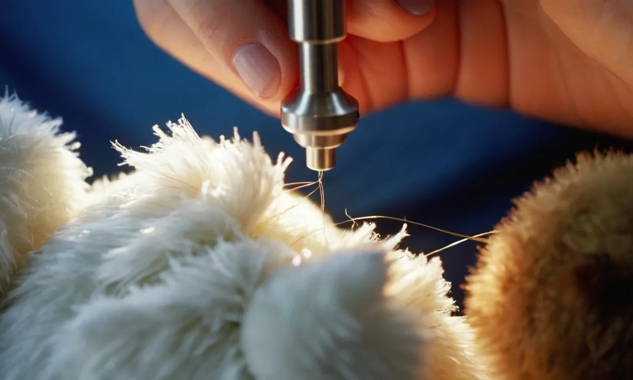 A close-up shot of skilled hands delicately stitching a seam on a well-loved teddy bear, with fluffy white stuffing peeking out, capturing the art of restuffing a cherished stuffed animal.