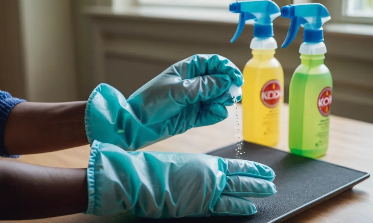 A close-up shot captures a pair of gloved hands delicately spraying a soft toy with disinfectant, ensuring every surface is thoroughly sanitized to prevent the spread of COVID-19.