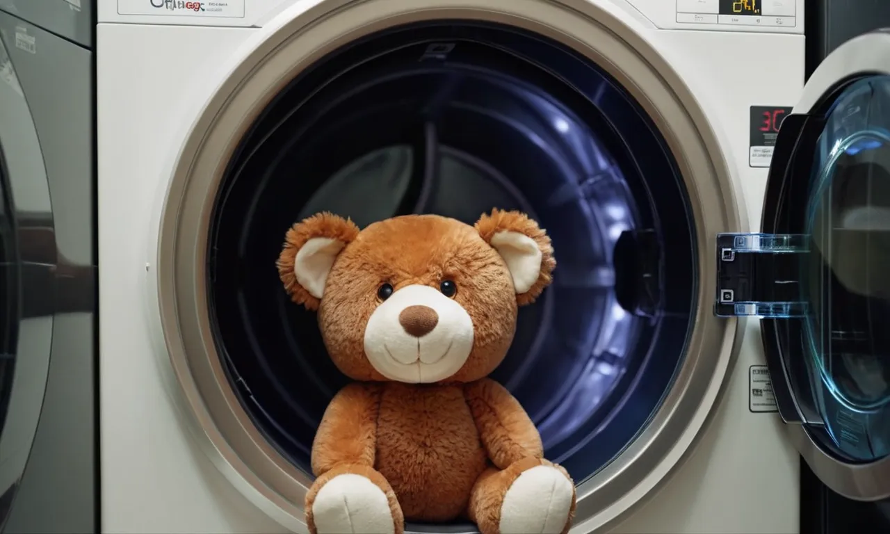A close-up photo capturing a stuffed animal inside a dryer, being sanitized with steam, capturing the intricate details of the toy undergoing the cleaning process.