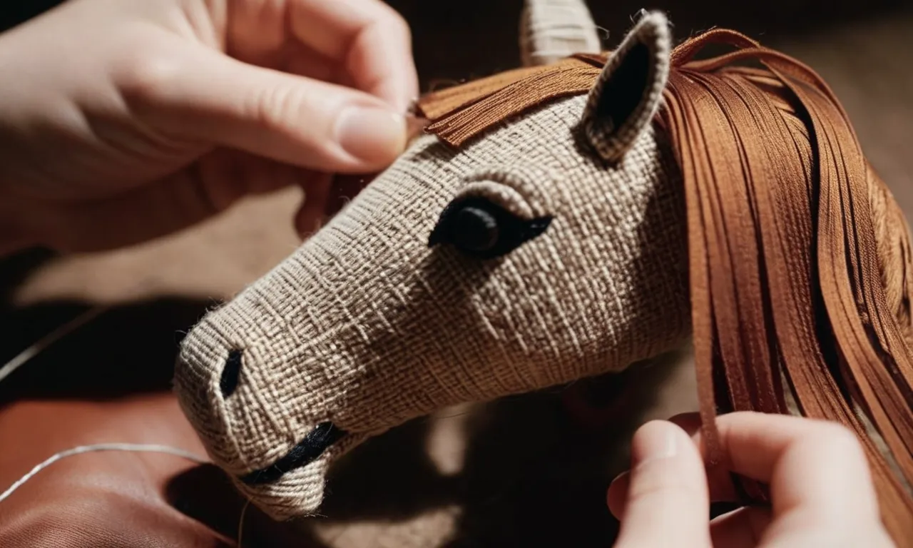A close-up shot of nimble hands stitching together soft brown fabric, transforming it into a charming horse stuffed animal, the needle and thread weaving intricate details that bring it to life.
