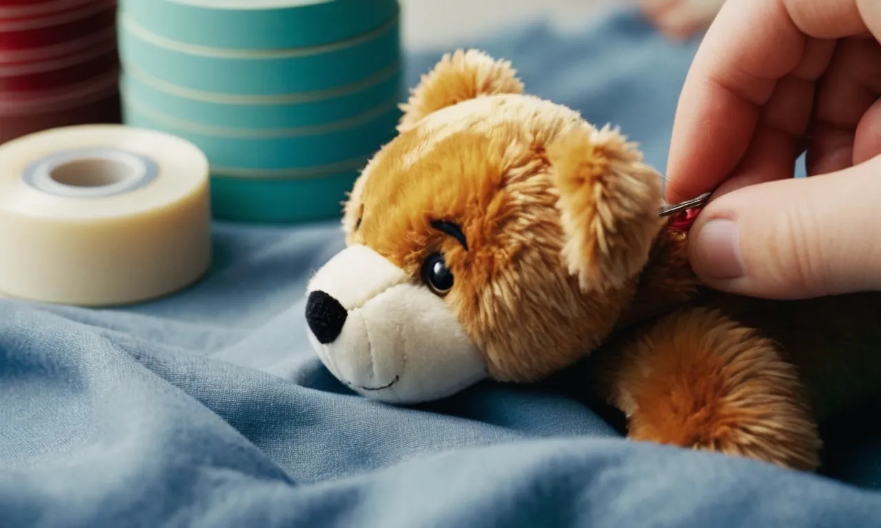 A close-up photo showcasing skilled hands delicately stitching a torn stuffed animal's arm back in place, capturing the process of repairing and restoring the beloved toy.