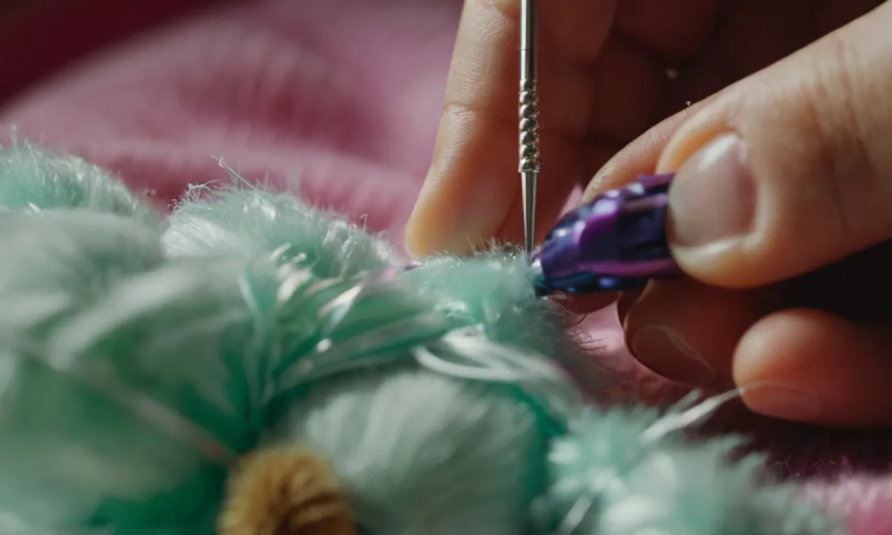 A close-up photo capturing skilled hands delicately threading a needle through a small tear in a beloved stuffed animal, showcasing the process of repairing with love and care.