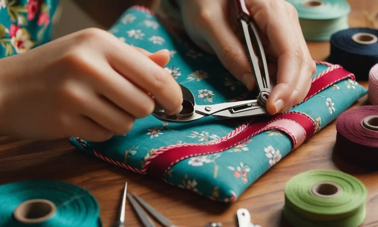 A close-up photo capturing skilled hands delicately stitching colorful fabric pieces together, forming a charming stuffed animal, surrounded by an array of sewing tools and a pattern book.