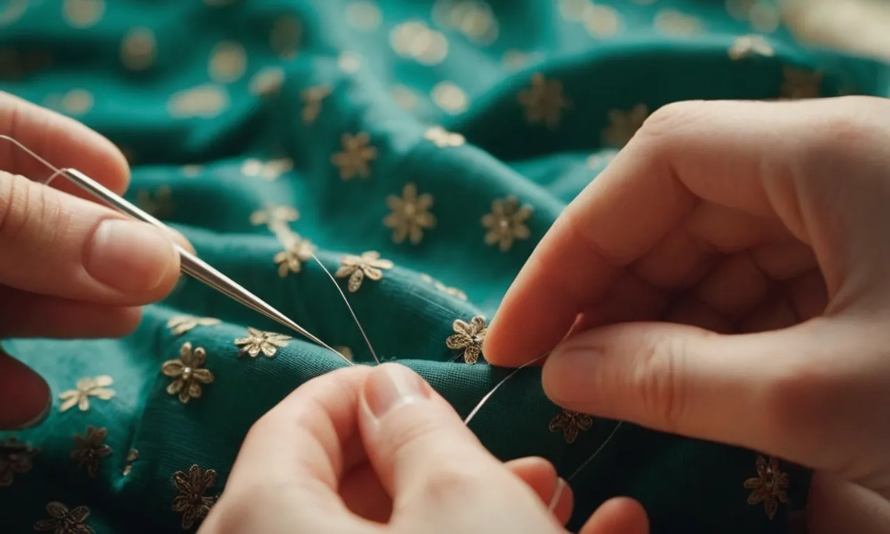 A close-up photo capturing skilled hands guiding a needle and thread through the delicate fabric of a partially sewn stuffed animal, showcasing the artistry and precision involved in the process.