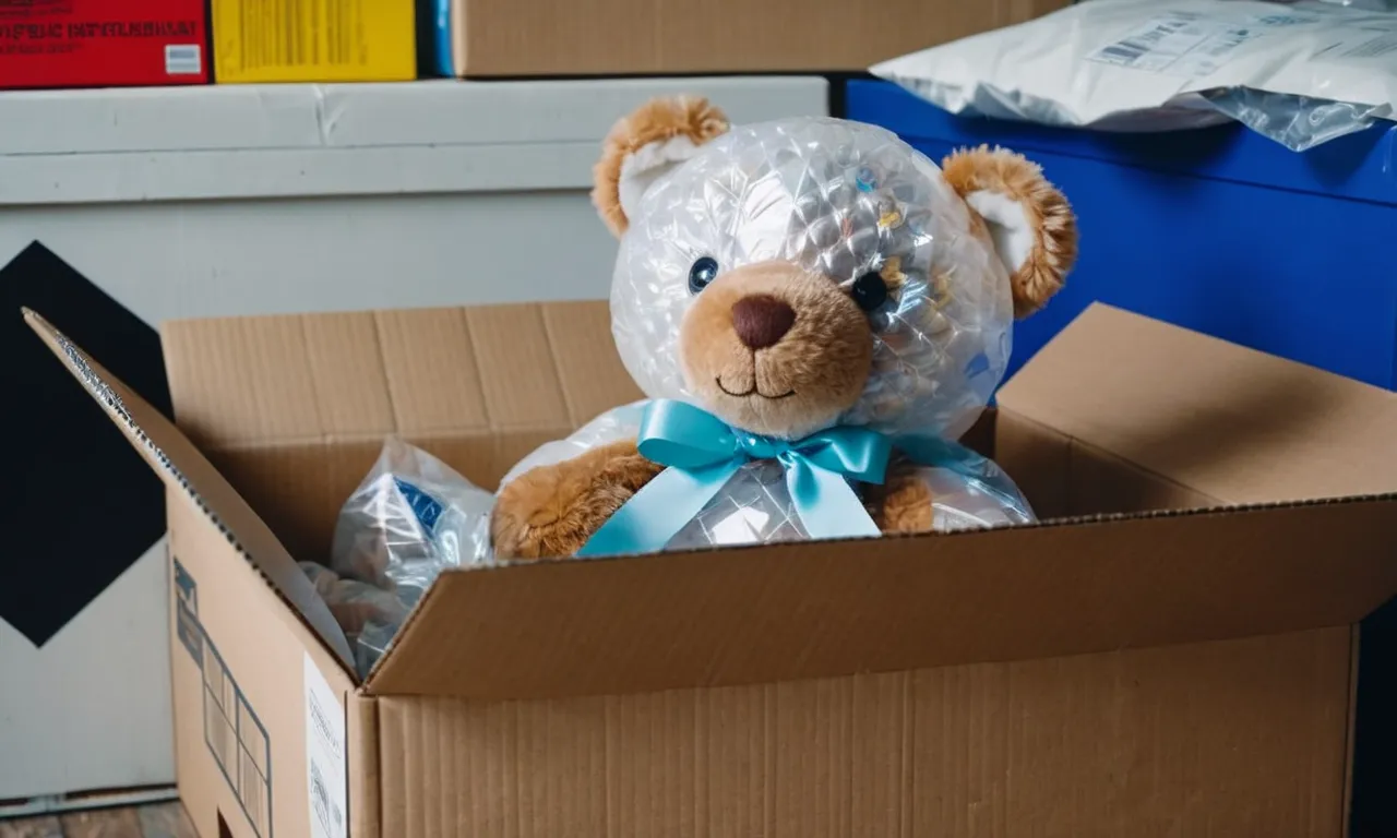 A close-up shot of a cute stuffed animal snugly wrapped in bubble wrap, nestled in a cardboard box with shipping labels and tape, ready to be sent to its new owner.