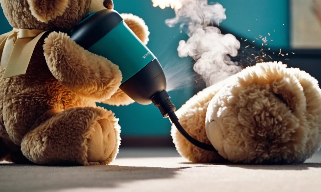 A close-up photo capturing the steam cleaner nozzle gently releasing steam onto a plush teddy bear, removing dirt and bacteria, restoring its fluffy texture and vibrant colors.