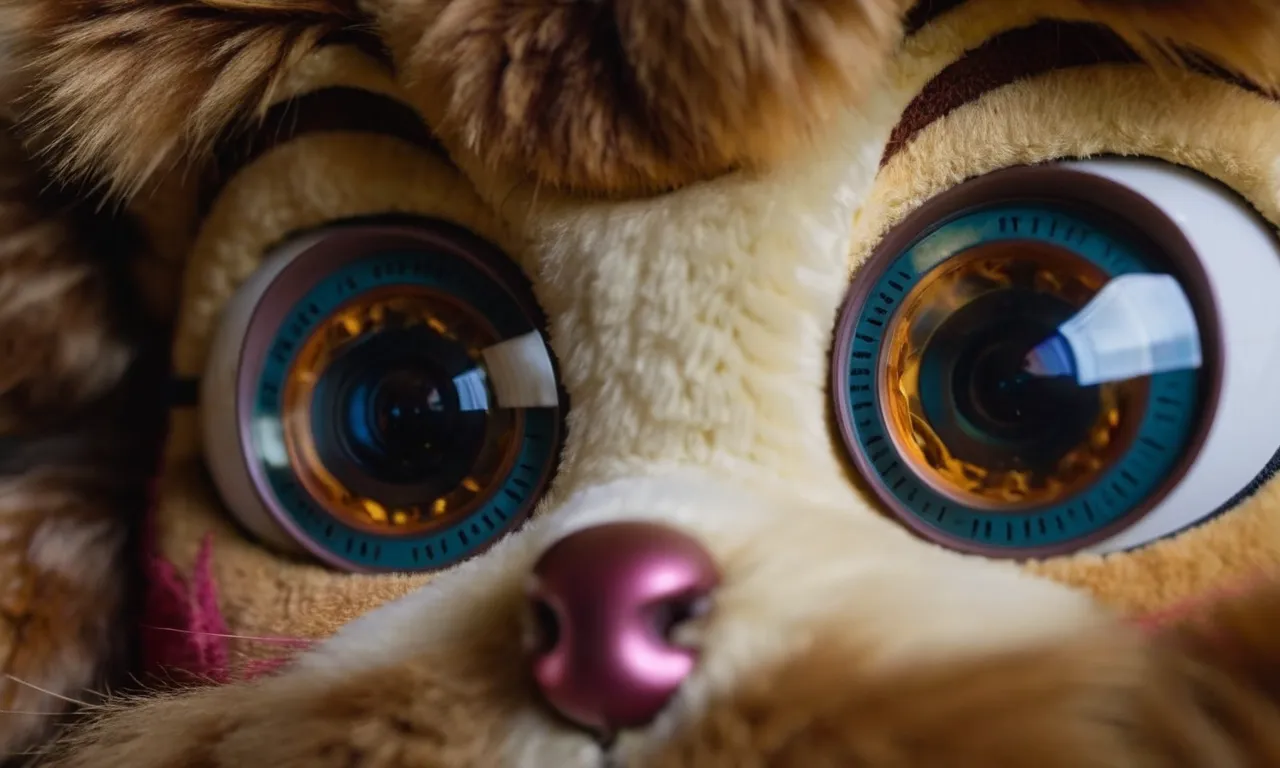A close-up photo capturing the suspiciously realistic eyes of a stuffed animal, revealing a tiny lens peeking through, hinting at its hidden camera capabilities.