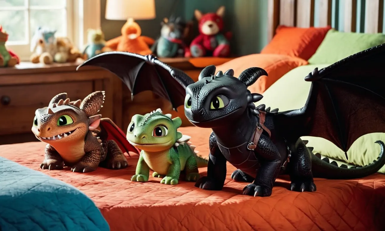 A close-up shot capturing a group of "How to Train Your Dragon" stuffed animals sitting on a child's bed, their vibrant colors and playful expressions evoking a sense of adventure and imagination.