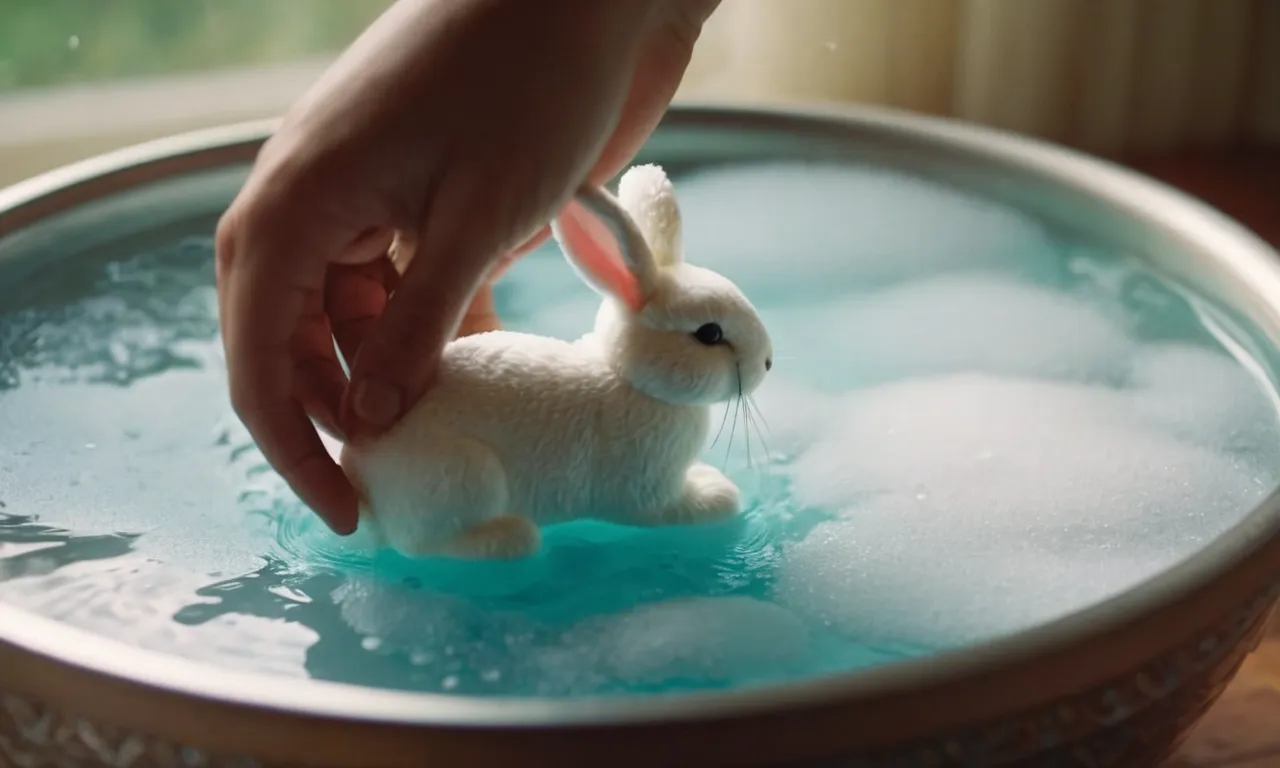 A close-up photo of a gentle hand holding a plush bunny, submerged in a basin of soapy water, while a delicate music box peeks out from within its soft belly.