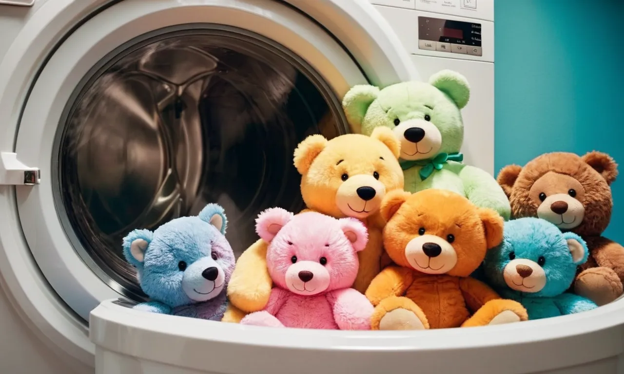 A photograph capturing a colorful assortment of large stuffed animals being gently washed in a washing machine, their fluffy fur spinning around in soapy water, creating a whimsical scene.
