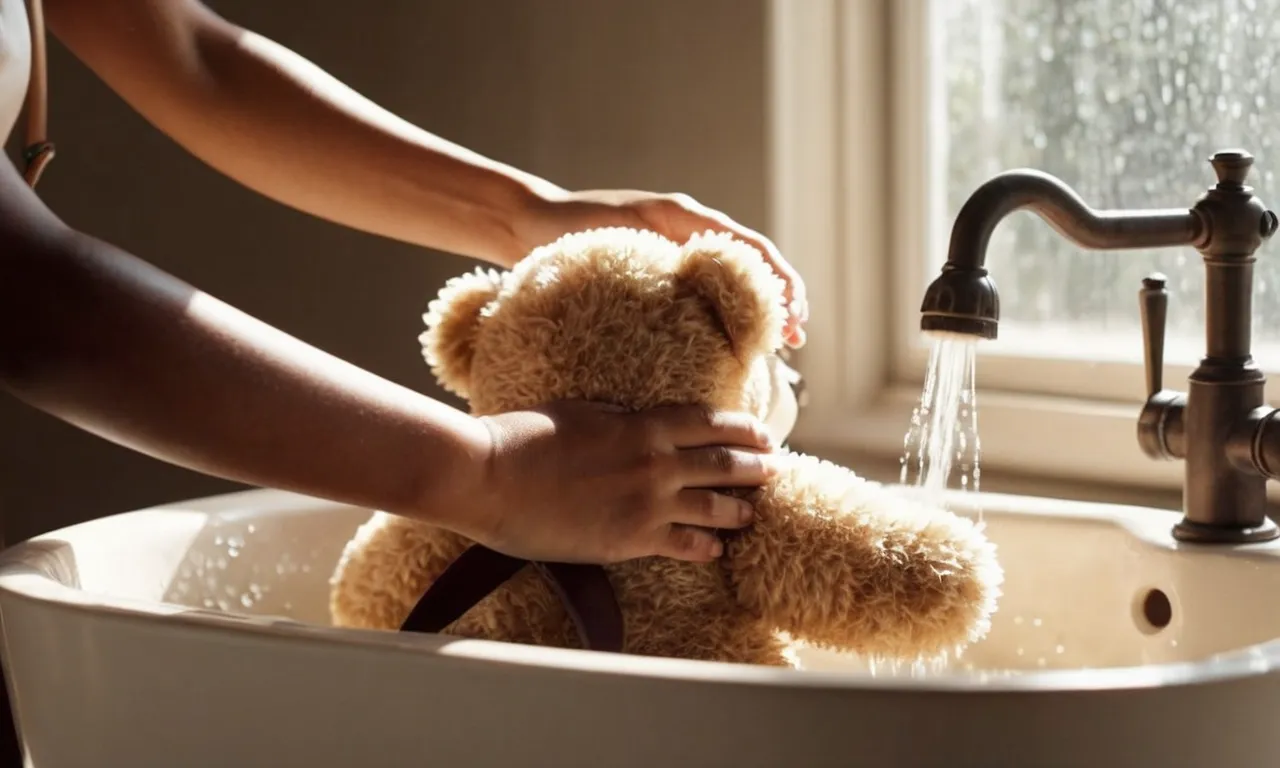 A close-up photo captures a pair of gentle hands gently scrubbing a fluffy teddy bear in a basin filled with soapy water, sunlight streaming through the window, creating a warm and comforting ambiance.