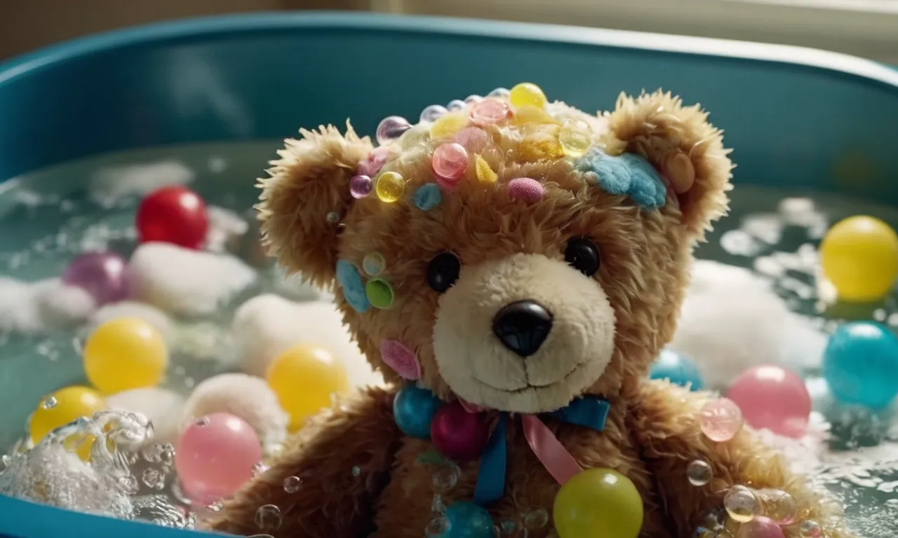 A close-up photo of a child's tattered teddy bear, soaking in a sudsy basin of warm water, surrounded by colorful bubbles, capturing the innocence and care involved in washing cherished stuffed animals.