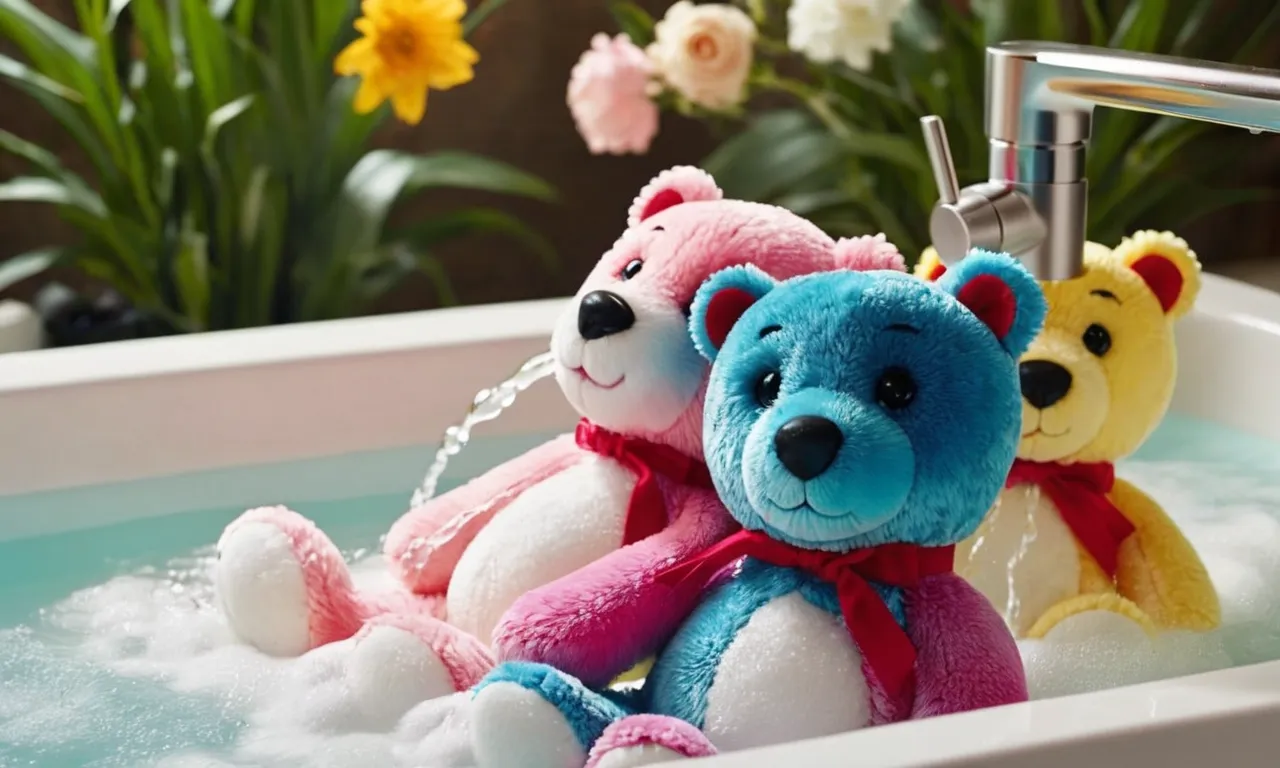 A close-up photo capturing a pair of warmies stuffed animals being gently hand-washed in warm soapy water, their vibrant colors contrasting against the delicate bubbles, evoking a sense of care and cleanliness.