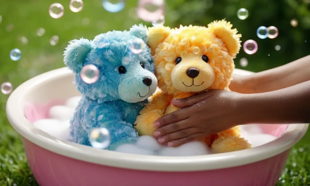 A close-up shot capturing a pair of hands delicately washing a colorful and plush weighted stuffed animal in a basin filled with gentle soapy water, surrounded by fluffy bubbles.