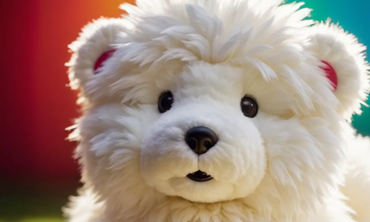A close-up photo showcasing a fluffy white stuffed animal, bathed in sunlight, its pristine appearance accentuated against a colorful backdrop, capturing the essence of a perfectly cleaned and whitened toy.