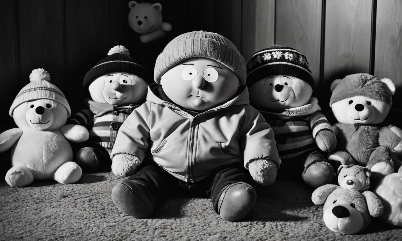 A haunting black and white photograph captures a tear-stained Cartman, surrounded by the lifeless bodies of his once beloved stuffed animals, symbolizing the loss of childhood innocence.