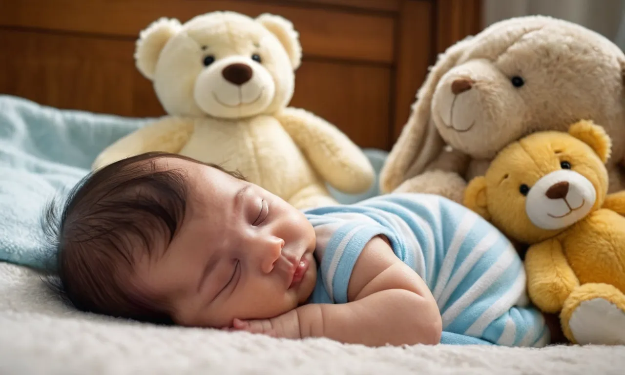 A heartwarming image capturing a peacefully slumbering baby, snuggled up next to their favorite stuffed animal, radiating comfort and innocence.
