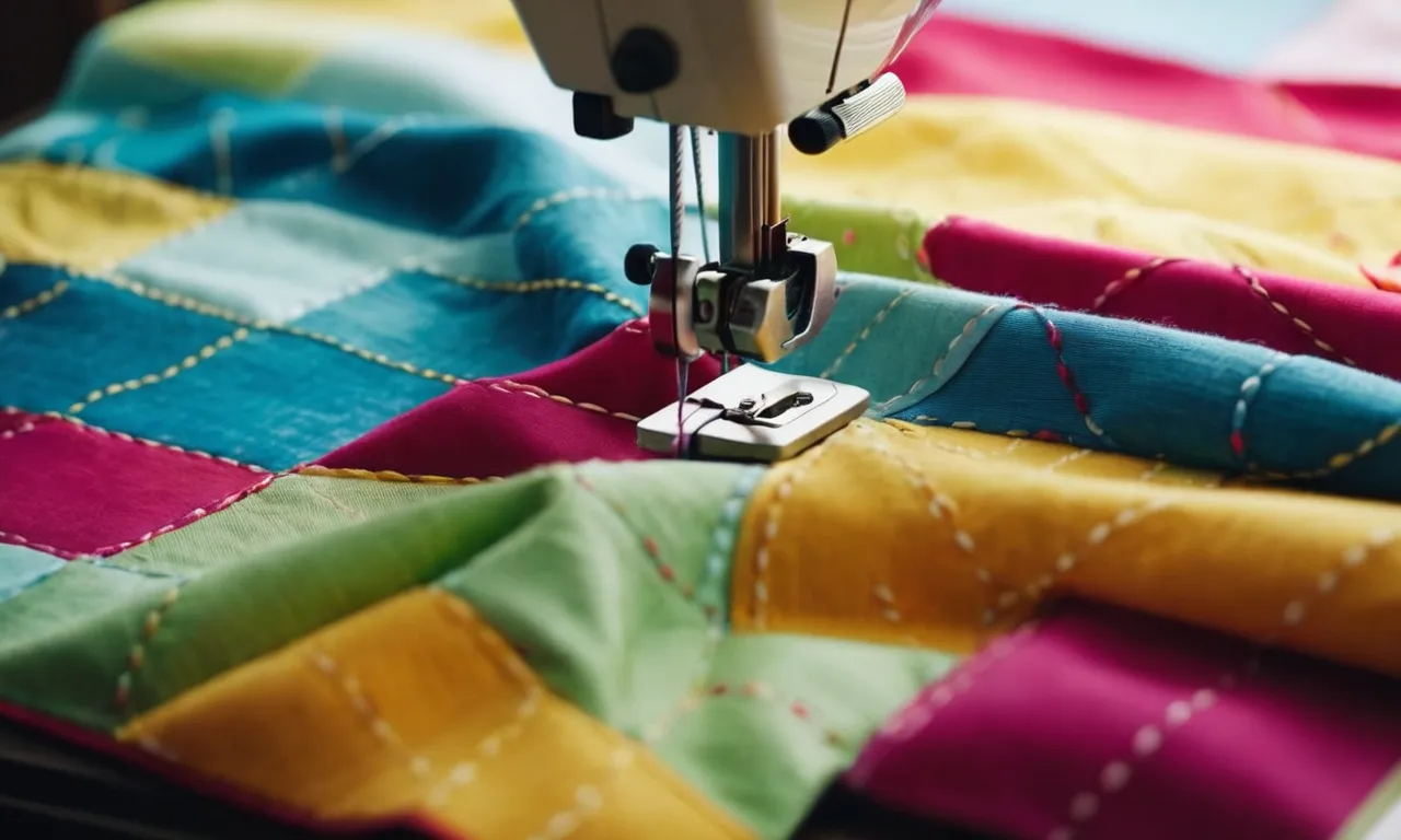 A close-up shot of a sewing machine stitching together colorful fabric pieces, revealing the intricate process of creating stuffed animals.