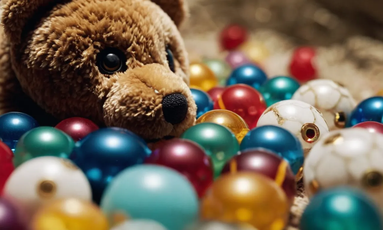 A close-up photo captures the intricate details of a stuffed animal's torn seam, revealing colorful beads spilled out, prompting curiosity about their purpose and origin.