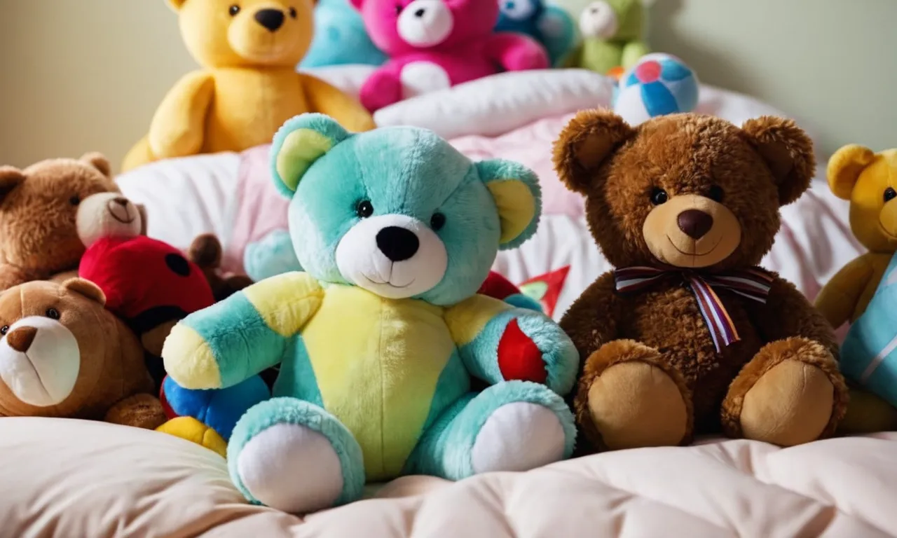 A close-up shot capturing a colorful array of stuffed animals, piled high on a child's bed, showcasing the most popular ones in their soft and huggable glory.