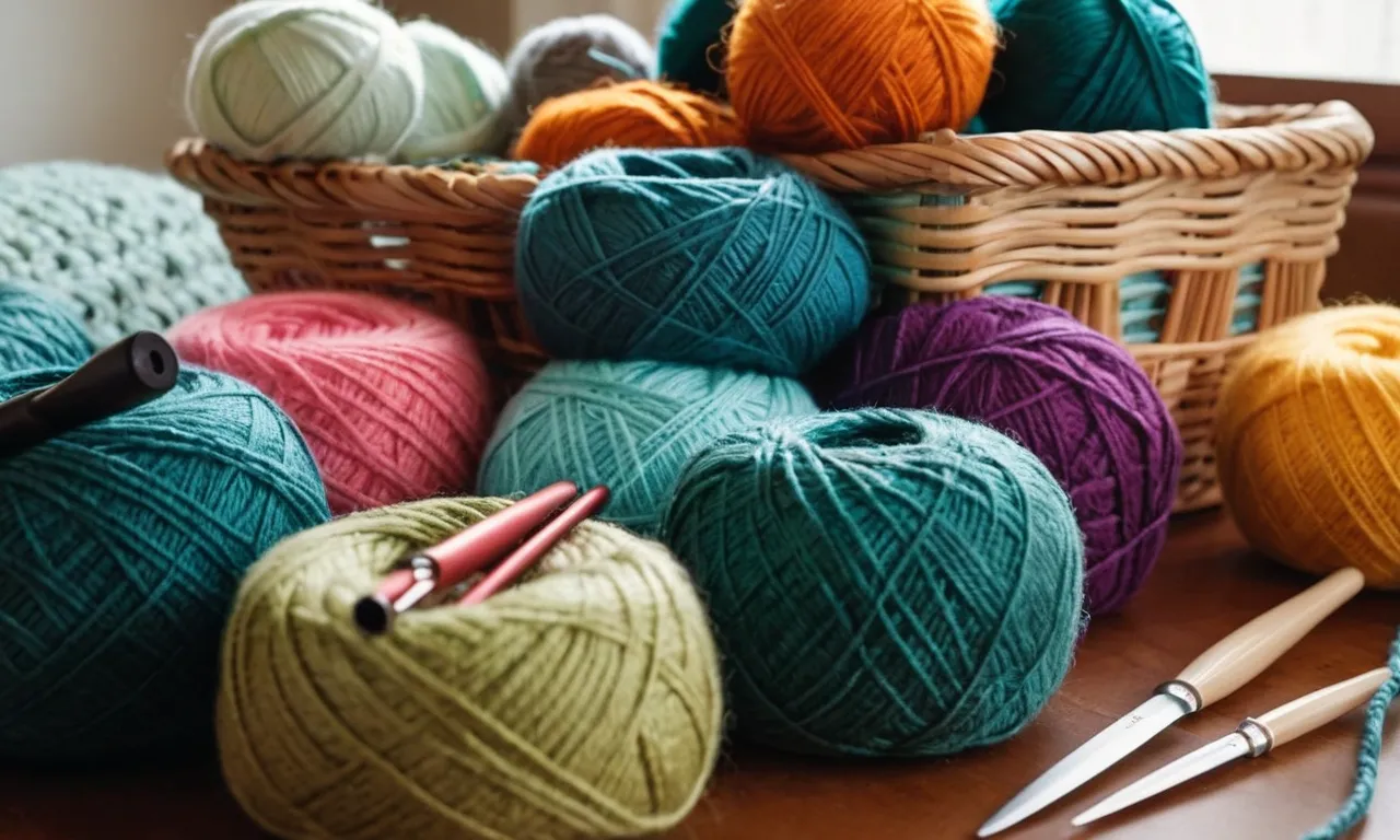 A close-up photo capturing a colorful basket filled with soft yarn skeins, crochet hooks of various sizes, a pattern book, and a finished crocheted stuffed animal sitting nearby, showcasing the tools needed for the craft.
