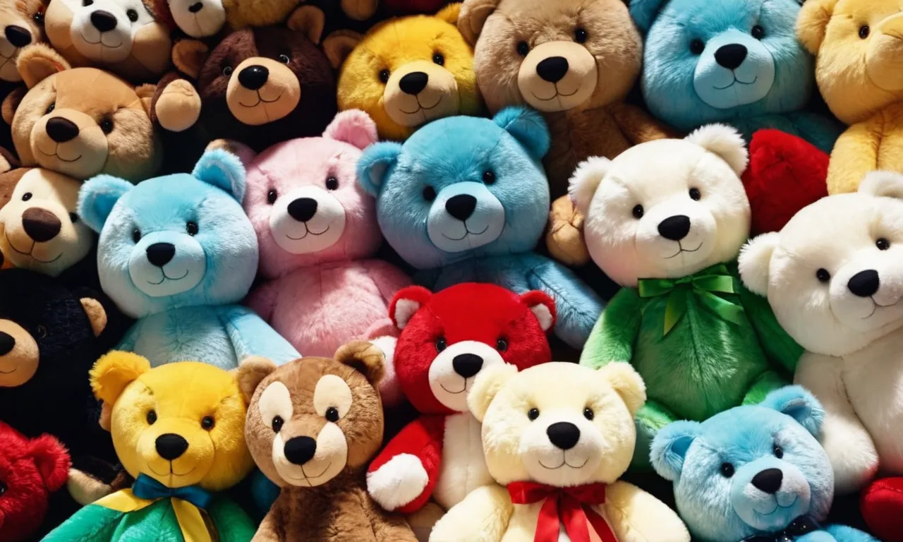 A close-up shot of a colorful pile of stuffed animals, showcasing their soft and fuzzy textures, inviting viewers to wonder about the fabric that envelops these beloved companions.
