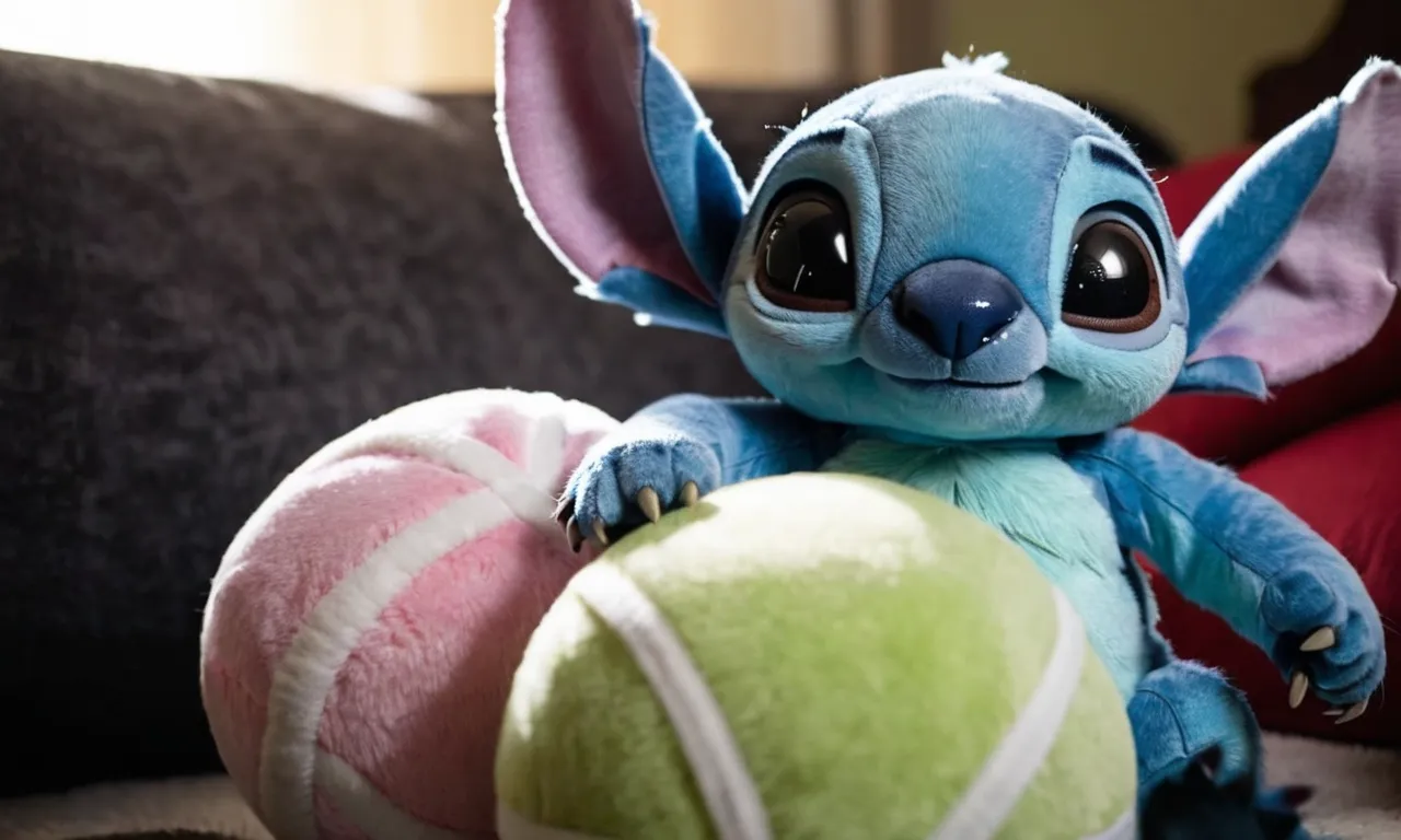 A close-up photo capturing the adorable Stitch cuddling with his beloved stuffed animal, showcasing the bond between them and leaving viewers curious about the stuffed animal's name.