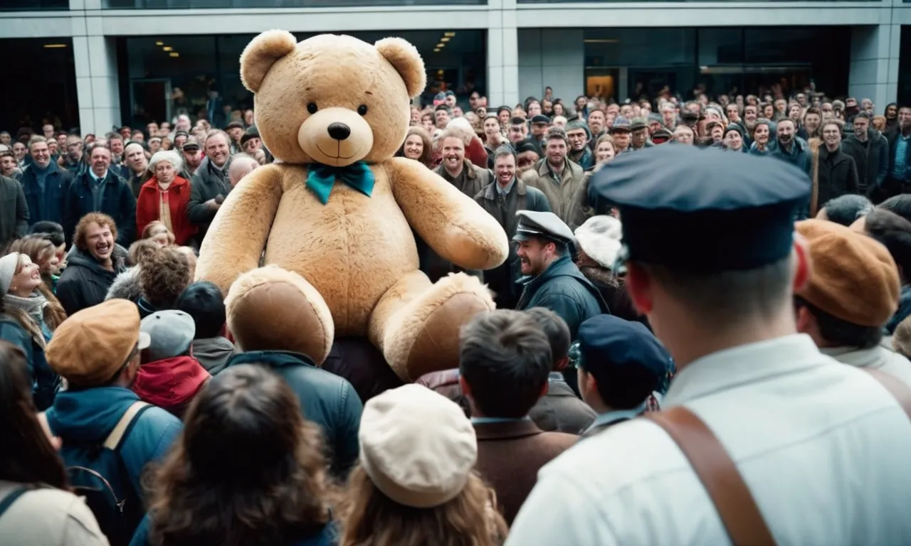 A captivating photo capturing the awe-inspiring sight of a gigantic stuffed teddy bear towering over a crowd, its soft fur and gentle smile spreading joy and wonder among all who gaze upon it.
