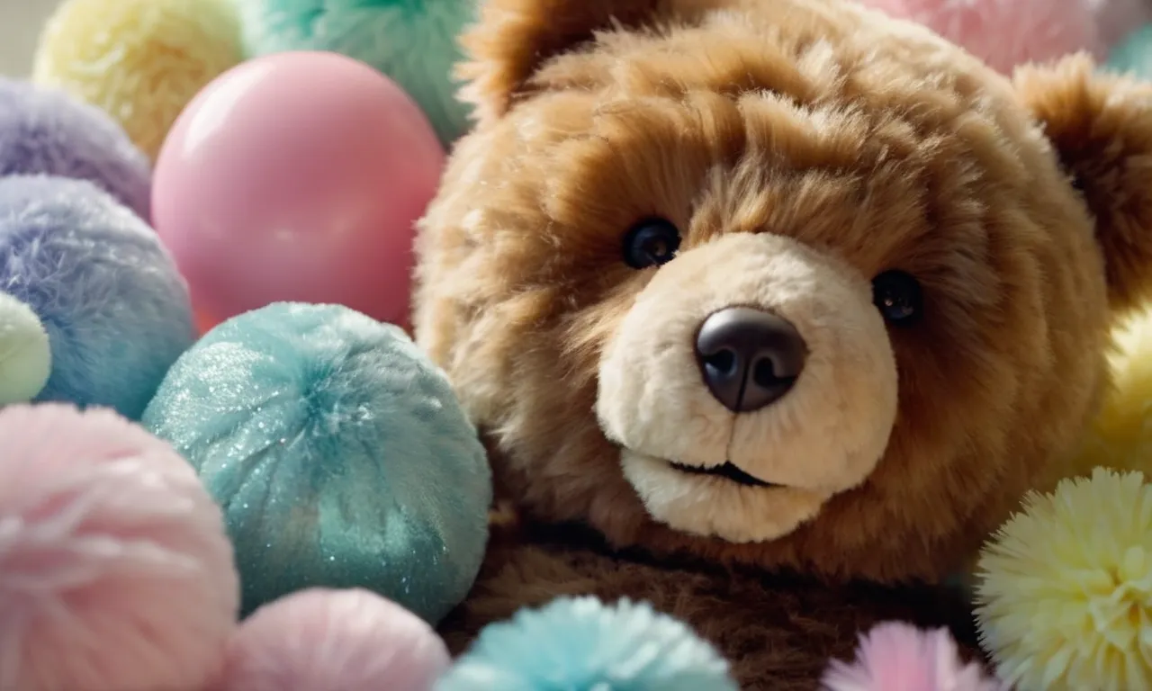 A close-up photo captures a fluffy teddy bear, with its button eyes sparkling, nestled amongst a bed of pastel-colored plush toys, radiating pure cuteness and evoking feelings of warmth and joy.