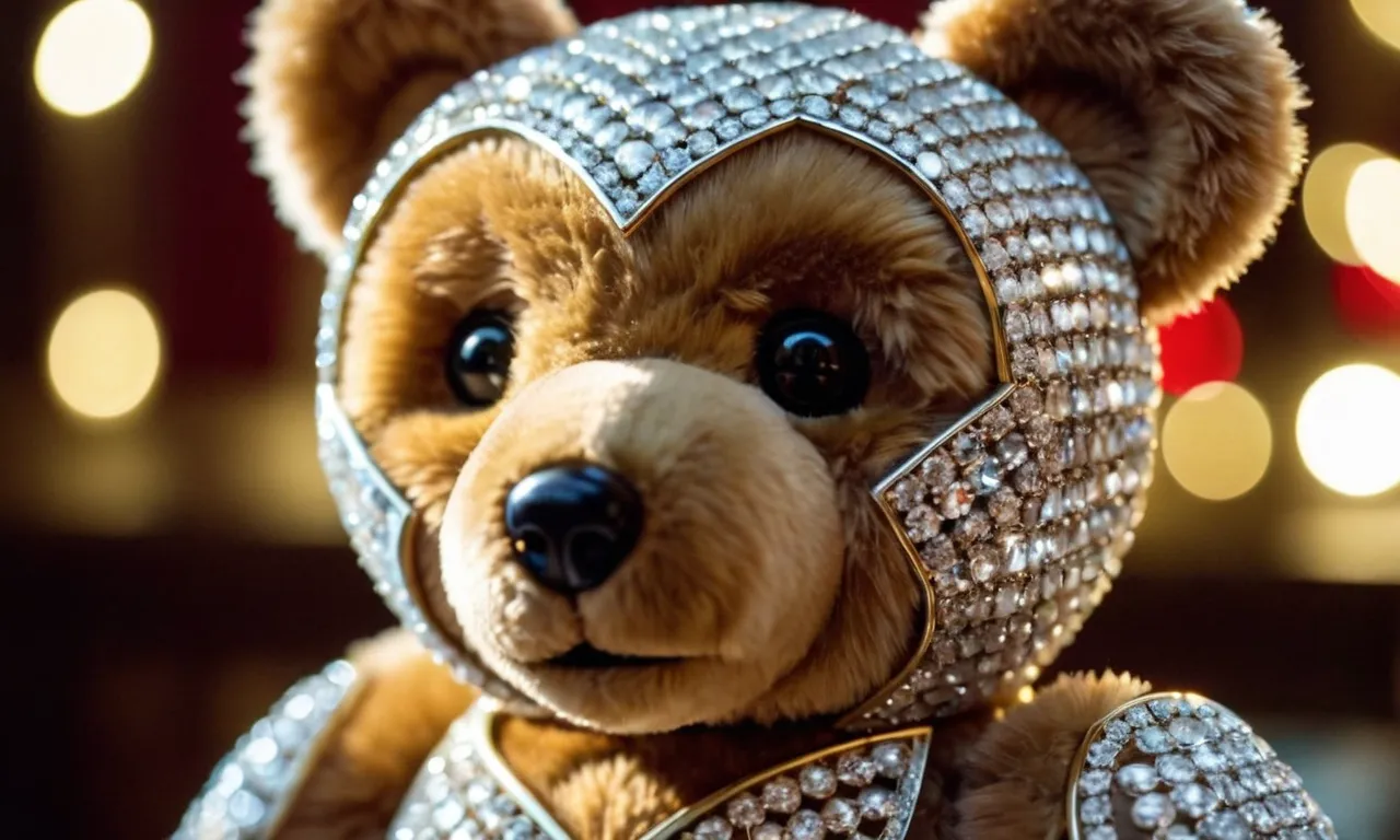 A close-up shot capturing the exquisite details of a luxurious, diamond-studded teddy bear, glistening under soft lighting, symbolizing the epitome of opulence and the world's most expensive stuffed animal.