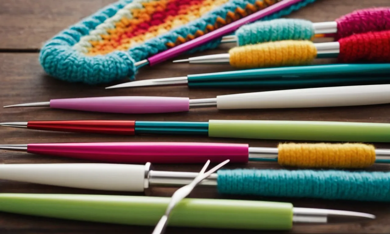 A close-up photo capturing a set of colorful crochet hooks of various sizes, neatly arranged beside a pile of adorable stuffed animals in progress, showcasing the tools needed for creating them.