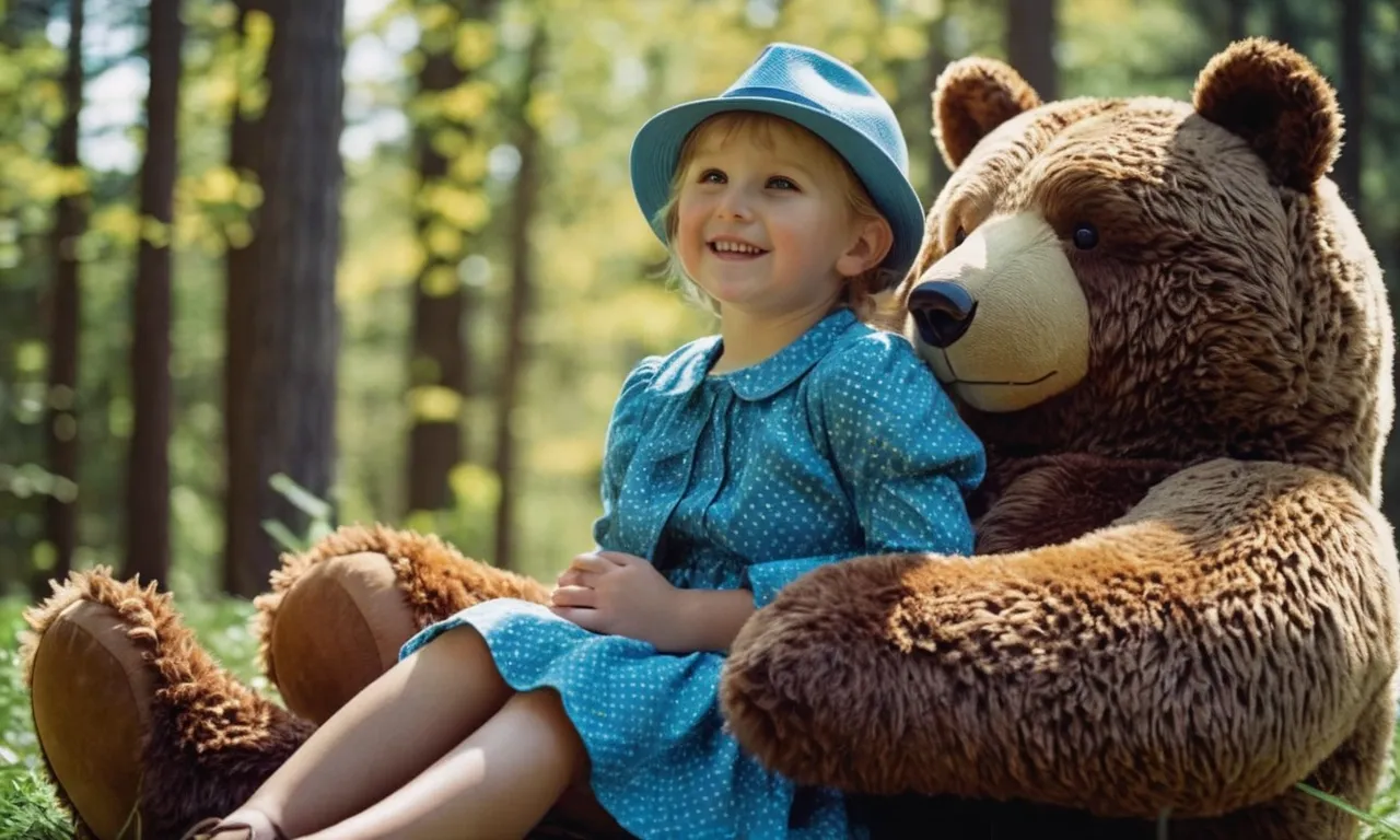 A vibrant photo capturing a child's wonder as they sit atop a colossal stuffed bear, their arms wrapped around its fluffy neck, lost in a world of imagination and cuddly companionship.