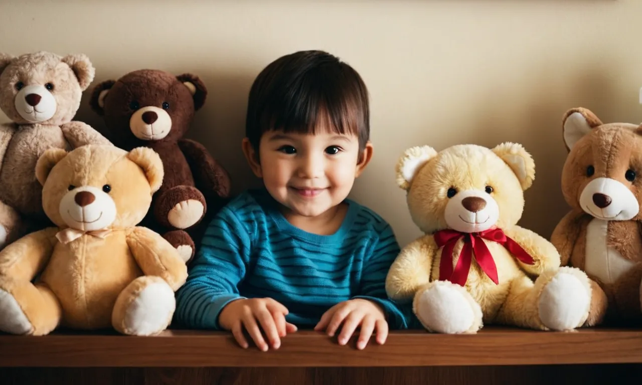 A heartwarming photo capturing a child surrounded by their beloved stuffed animals, carefully arranging them on a cozy shelf, showcasing the love and memories cherished with these cherished companions.