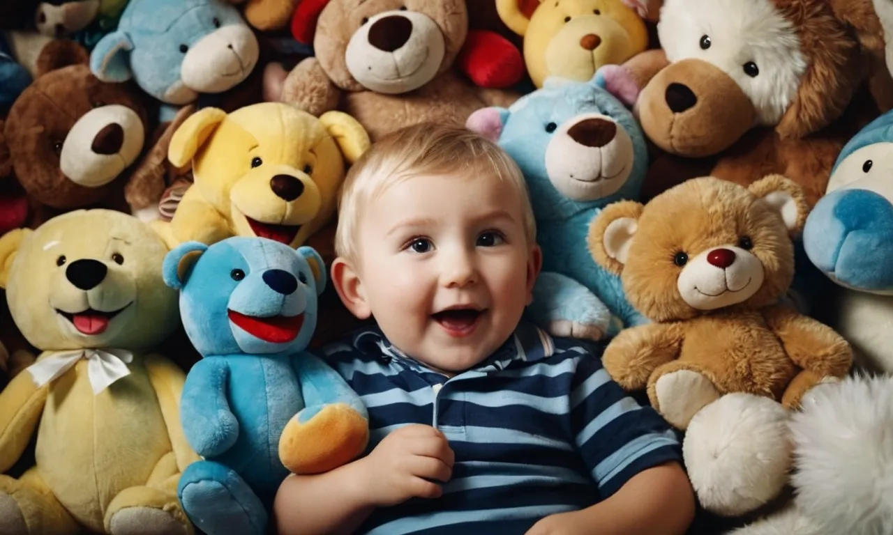 A pile of overflowing stuffed animals forms a colorful mountain, their button eyes peering out. A child happily sits amidst the chaos, hugging one tightly, surrounded by endless cuddly companions.