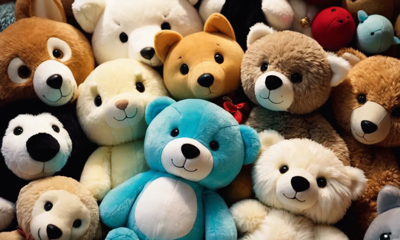 A whimsical photo capturing a diverse array of stuffed animals huddled together, their button eyes shining, as if eager to share their enchanting names with their human friends.