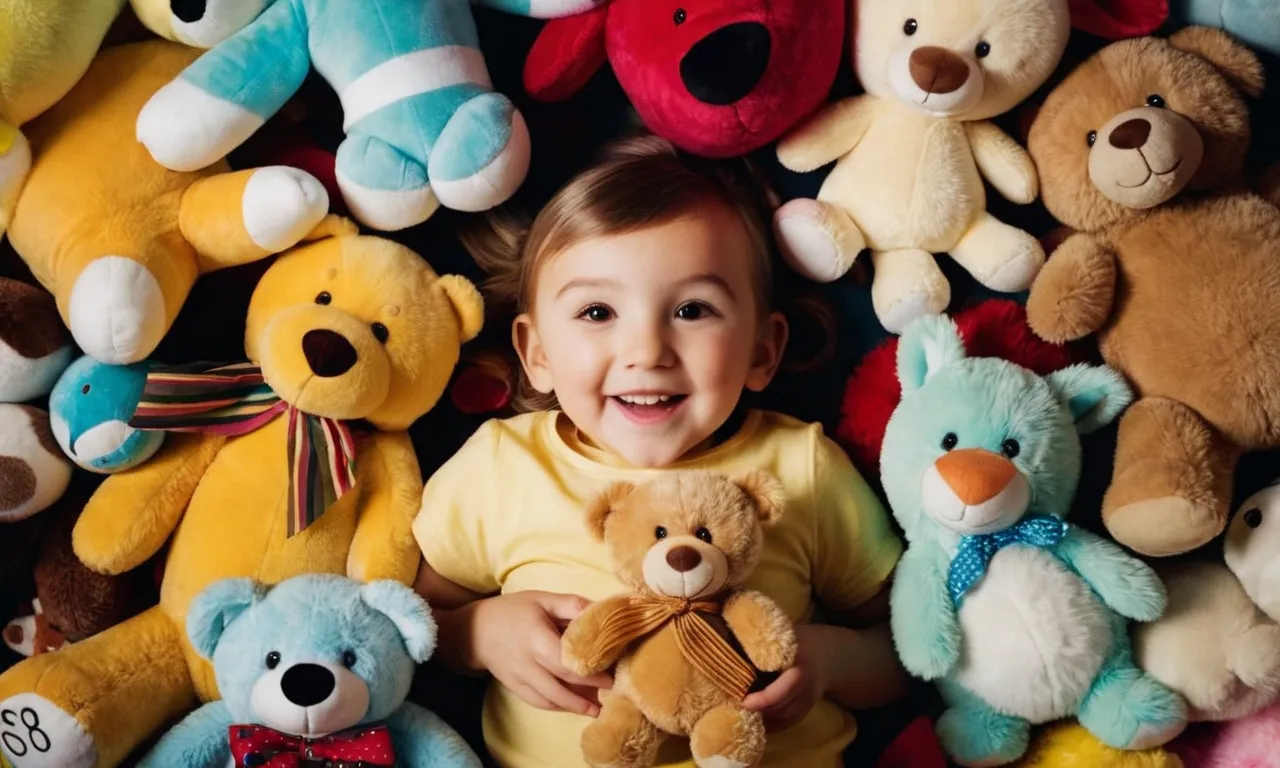 A whimsical photograph captures a child surrounded by a colorful array of stuffed animals, their faces filled with pure joy, celebrating National Stuffed Animal Day.