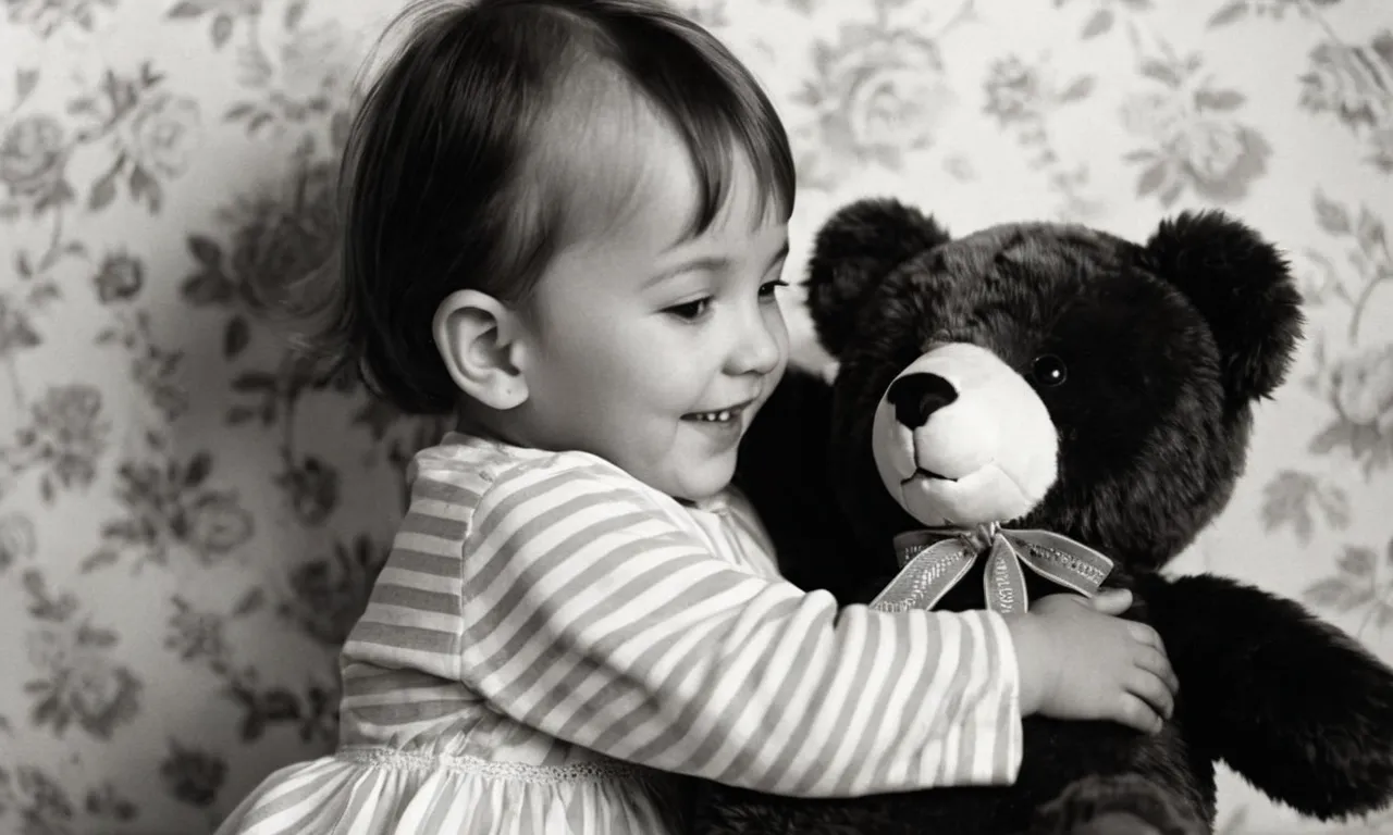 A vintage black and white photograph captures a child's joyous expression, hugging a primitive stuffed bear tightly, revealing the timeless connection between children and their beloved stuffed animals.