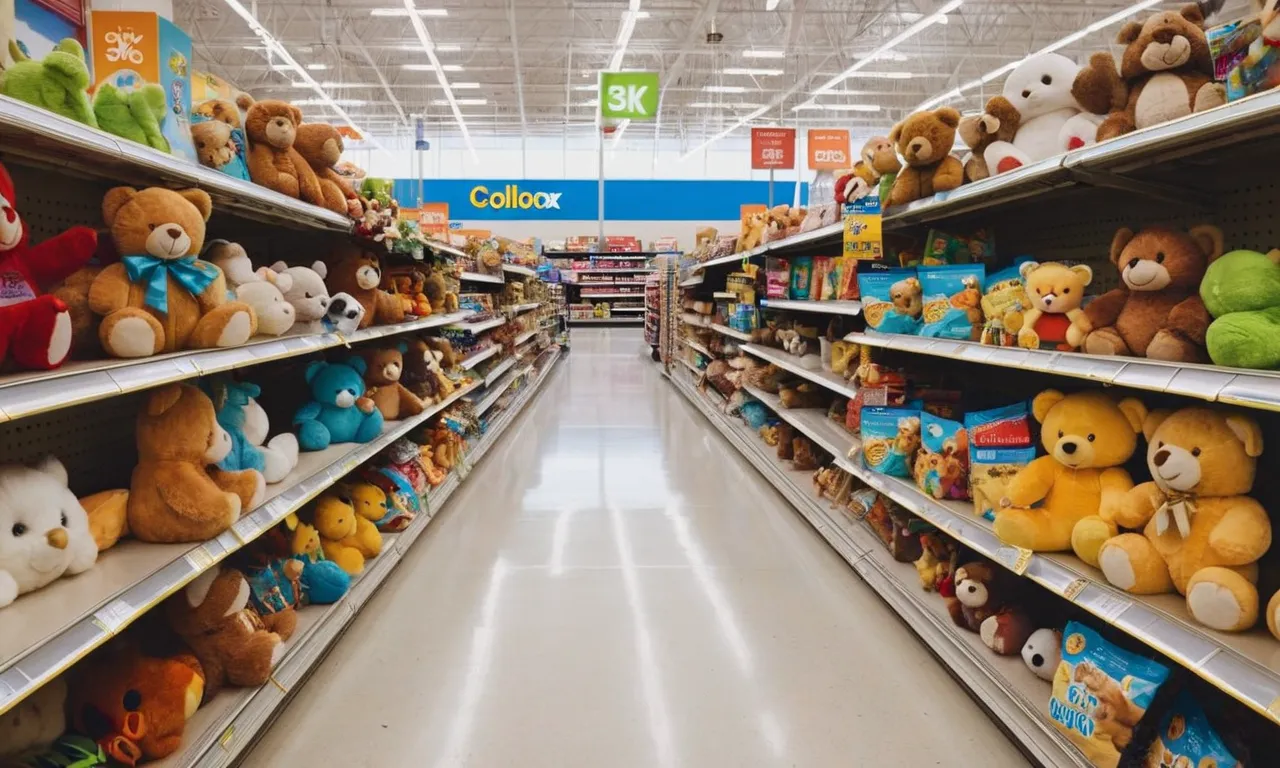 A photo of a neatly arranged aisle in Walmart, showcasing a colorful display of stuffed animals, inviting shoppers to explore their vast collection and discover their favorite companions.