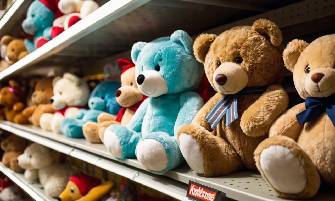 A close-up photo capturing a weighted stuffed animal sitting on a shelf in a toy store, surrounded by other cuddly toys, invitingly waiting for someone to find comfort and companionship.