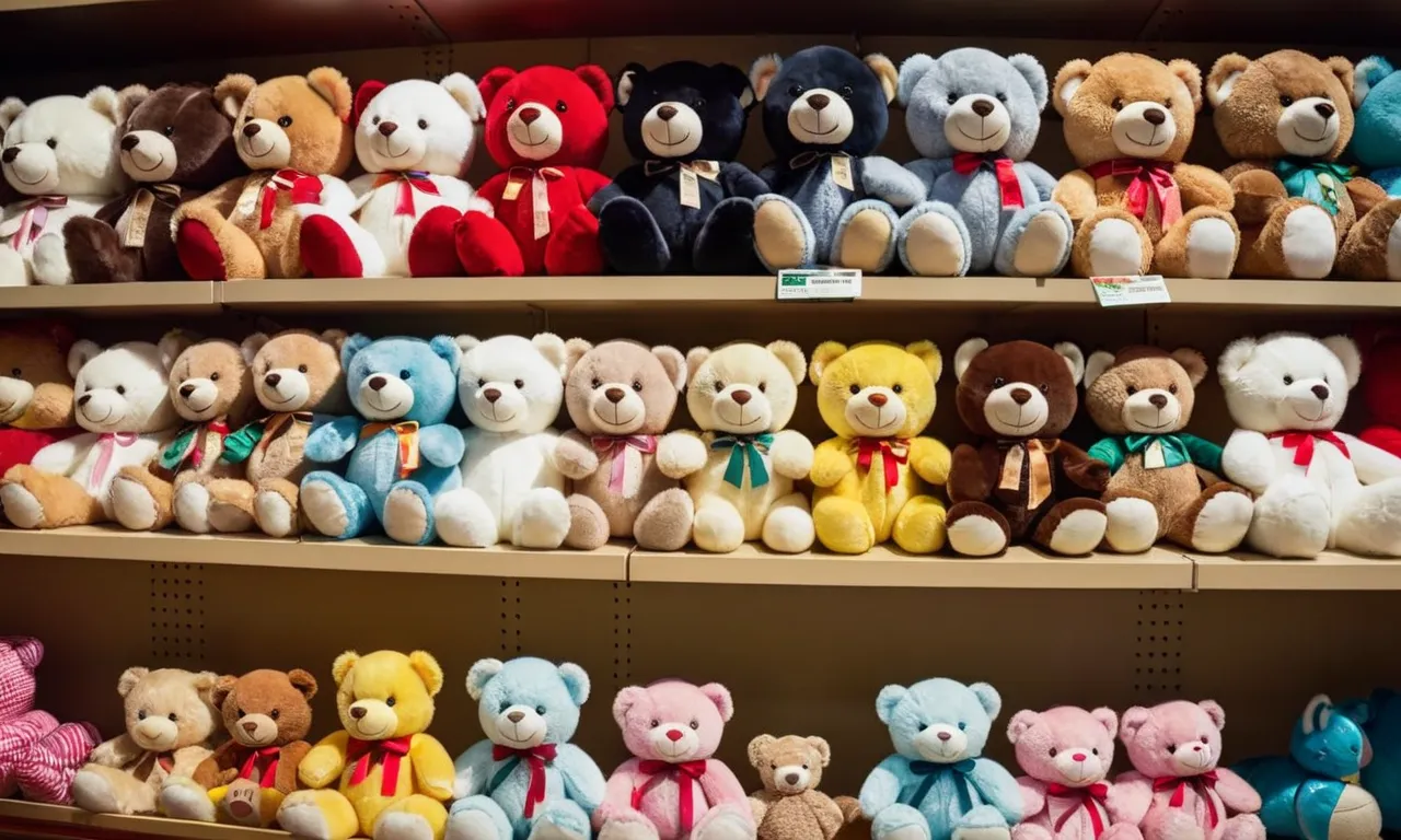 A close-up photo capturing a colorful array of plush toys, neatly arranged on shelves in a bustling toy store, enticing customers to explore and find their perfect stuffed companion.