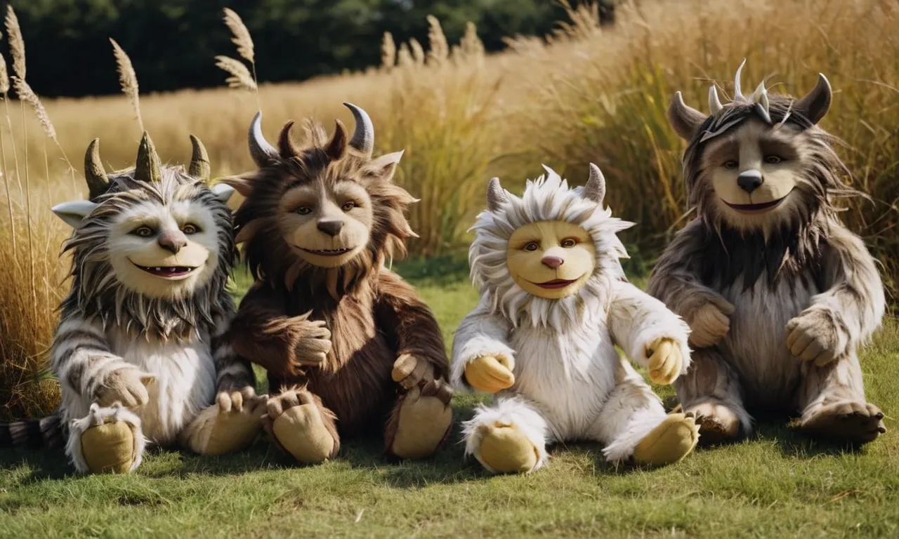A whimsical photo capturing a group of well-loved "Where the Wild Things Are" stuffed animals, nestled amongst tall grass, their fuzzy features and mischievous smiles bringing the beloved story to life.