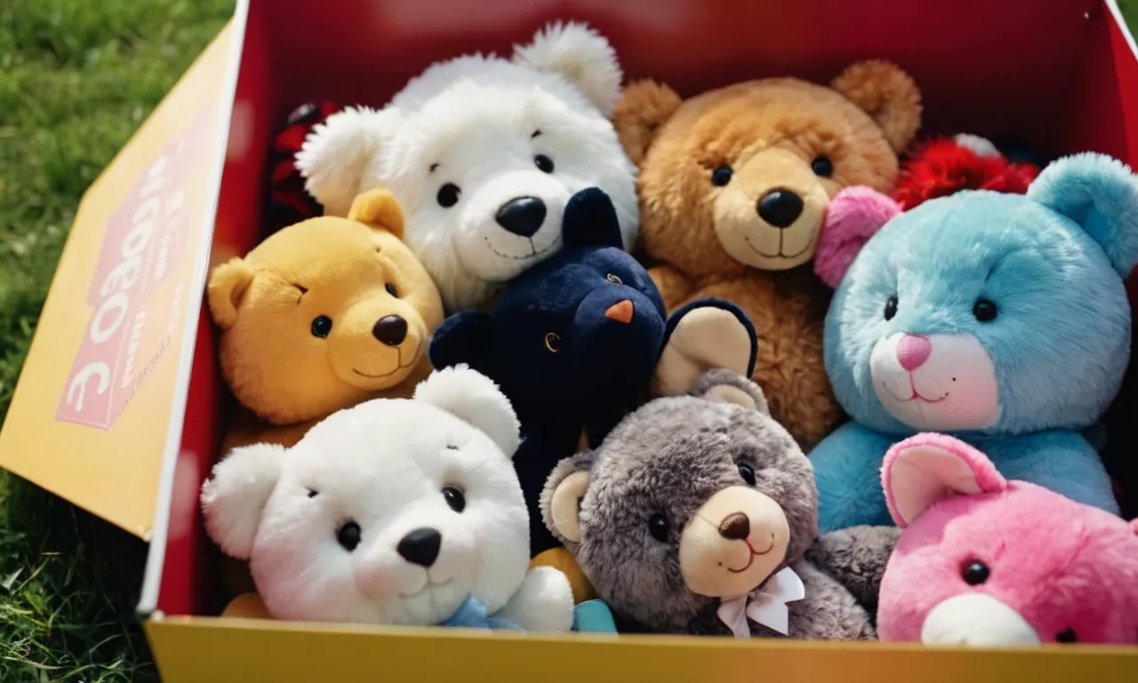 A close-up shot capturing a pile of colorful, well-loved stuffed animals, arranged neatly in a donation box, their button eyes and soft fur waiting to bring joy to someone new.
