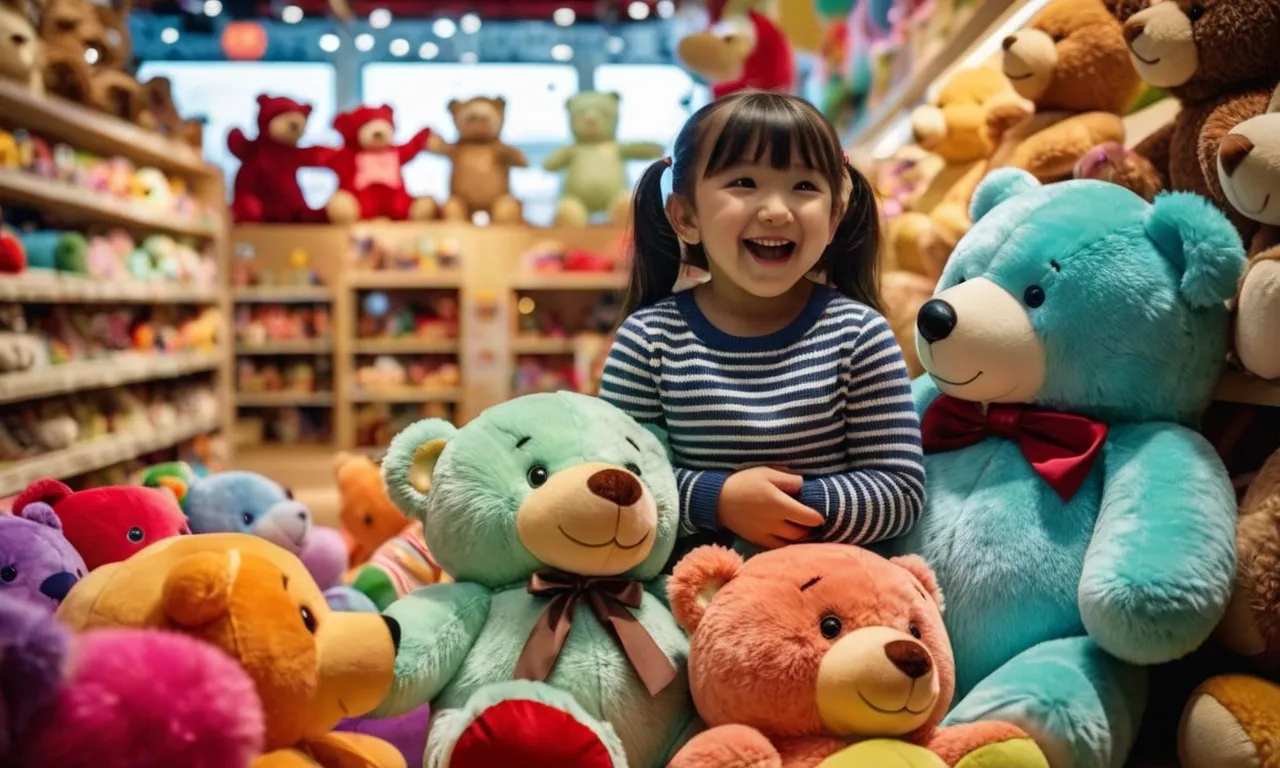 A captivating photo capturing a child's joyous expression while hugging an enormous stuffed bear, surrounded by rows of colorful oversized plush toys in a whimsical toy store.