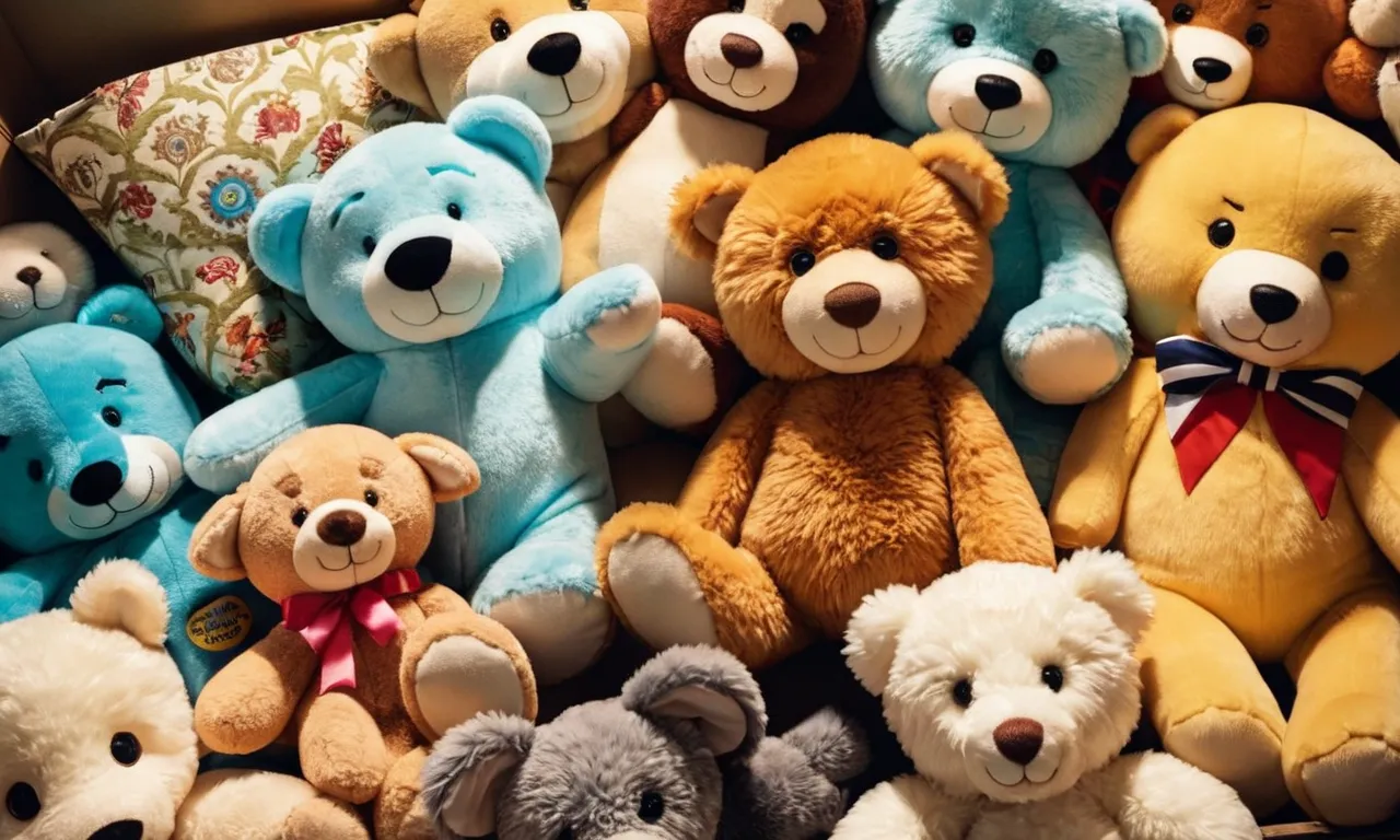A whimsical photo capturing a colorful array of discounted stuffed animals piled high, enticingly displayed in a bargain bin, creating a playful and joyous atmosphere.
